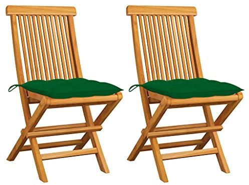 vidaXL 2X Teak Massiv Gartenstuhl mit Grünen Kissen Klappstuhl Holzstuhl Stuhl Gartenmöbel Stühle Balkonstuhl Terrassenstuhl Essstuhl