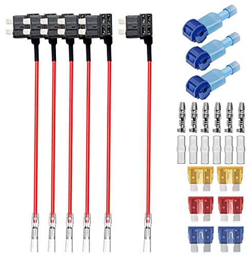 GUUZI 6 Stück 12V-24V ACU Standard Add-A-Circuit-Sicherungsadapter mit Kabelbaum,Mittlerer Sicherungshalter mit 6 Stück Ersatzsicherungen(5A/10A/15A)+1 Stück Sicherungsabzieher