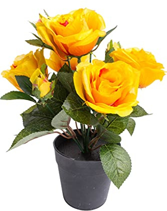 Nova-Nature künstlicher Rosenbusch mit 5 Rosen und 4 Knospen im schwarzen Kunststofftopf (gelb)