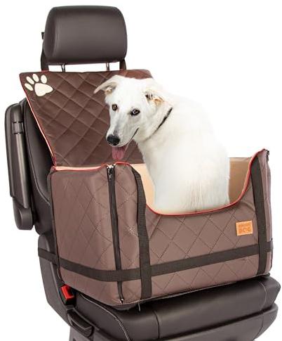 Golden Dog - Transportbox Hund mit Sicherheitsgurt M-52x44x33 cm - Leder Imitation Autositz Hund, Wasserdicht Hundesitz Auto - Beifahrersitz Hundebox Faltbar - Anschnallgurt Hundekorb Auto, Braun