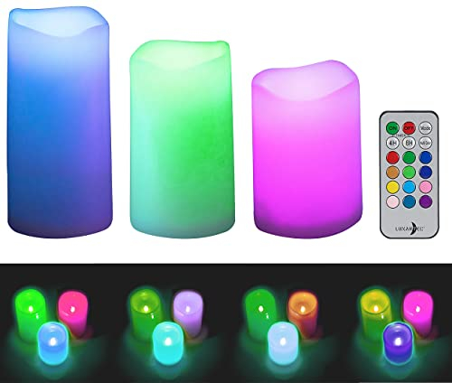 Lunartec Tischleuchte: 3er-Set dimmbare RGB-LED-Kerzen mit Timer & Fernbedienung, bunt, IP44 (LED-Kerzen mit Timer Outdoor, Garten, Tischlampe Batterie)
