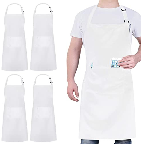 loteaf 4 Packs Chef Apron, Waterproof Apron, Adjustable Aprons with 2 Pockets for Men Women, Professional Aprons for Kitchen Cooking Gardening Painting Baking Restaurant (White)