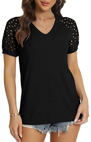 DEARCASE Camicia Donna a Manica Corta/Lunghe Top Casual Magliette Donna Camicia Eleganti Scollo a V Pizzo Manica Bluse T Shirt Tops, Nero L