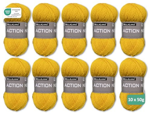 BellaLana Wolle Action New, Allzweckgarn, Stricken, 10x50gr, Gelb | 100% Polyacryl-Garn, weich, angenehm & pflegeleicht - Lauflänge ca. 133m - Nadelstärke 3-4 - für Pullover, Schals, Decken