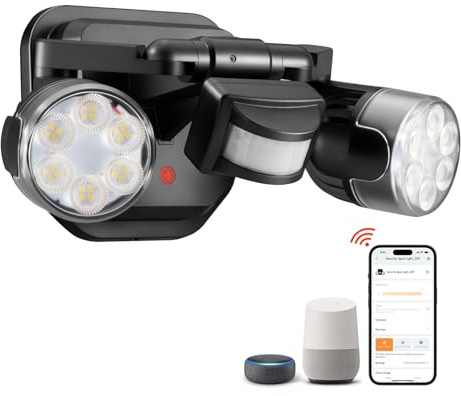 OREiN Intelligenter LED Außenstrahler 1600 Lm, Doppelkopf Außenlampe mit Bewegungsmelder 12W=150W, kompatibel mit Alexa/Google Home, 3 Modi, 450° drehbar, IP65, 5000K - für Garage, Hof, Einfahrt