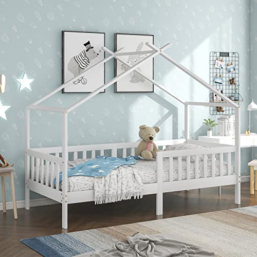 Kayan Schönes Hausbett, Kinderbett Massivholz mit Zaun und Lattenrost, Kinder- und Jugendzimmer mit Absturzsicherung, weiß (200x90 cm)
