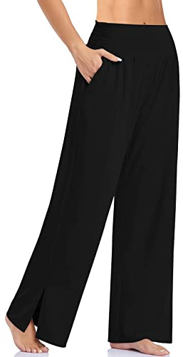 Cegerne Damen Palazzo High Waist Haremshose Yogahose Stretch Stoffhose Weite Jogginghose Sport Activewear Hose Traniningshose mit Schlitz, Schwarz01, M