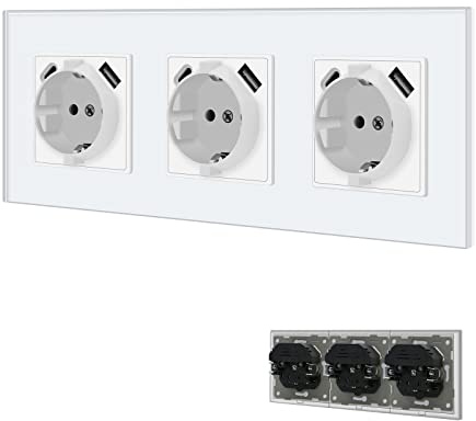 BSEED Schuko Steckdose mit USB/Typ C 16Amp mit Steckklemme Unterputz Steckdose mit 3.1A Doppel USB/Typ C 228mm Wandsteckdose Einbausteckdose Weiß