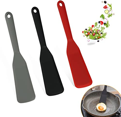 3 Pezzi Spatola Cucina in Silicone con Anello Appeso,Silicone Spatola per Padella Antiaderente,Piccolo Spatola Silicone per Girare Pancake,Pasticceria,Crepes,Torte (Rosso, Nero, Grigio-25x5cm)