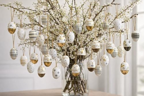 RiloStore 12 STK Ostereier 6x4cm Eier Hänger wk153 Gold Farben Weiss schwarz Punkte Streifen Dots Dekoeier Osterschmuck Osterdeko Anhänger Osterdekoration Anhänger