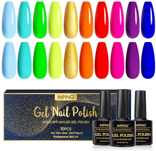 INPING UV Nagellack Set, 10 Farben Neon Pink Blau Rot Nagellack, Gelnägel Set UV Gel Farbgel Gel Farben für Anfänger Startseite Nageldesigns Set
