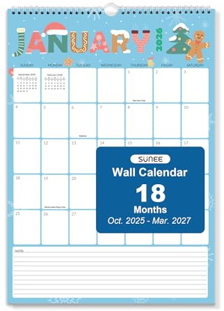 SUNEE Calendar 2026 18 Months Wall Calendar Oct. 2025 - Mar. 2027, 12x17 Big Hanging Calendar 2026 with Note, Past Month and Next Month for Organizing & Planning, Cute