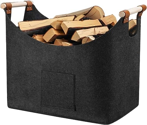 Cesta de madera para leña de chimenea XXL con asas de transporte, cesta grande para leña como fieltro extragrueso, cesta para leña de fuego, chimenea o leña (55 x 32 x 40 cm, gris oscuro)