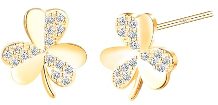 CONILOK Kleeblatt Ohrstecker Damen Silber 925 mit Zirkonia Ohrringe Gold | Hypoallergen Klein Herzblatt Piercings Ohrschmuck fur Frauen Mädchen Elegant Funkelnd Glücksklee Amulett Geschenk für Sie
