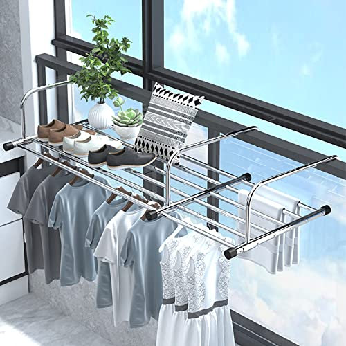 HJXGQJM Tendedero Balcón Barandilla, Tendedero De Ropa Extensible, Tendedero Acero Inoxidable, Tendedores De Ropa Plegable, Tendederos Portátiles(Without Black Plate,87-160cm)