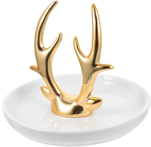 Cabilock Plat à Bijoux En Céramique Blanc Accent Bois Cerf, Plateau De Rangement Compact Pour Boucles D'oreilles Et Bagues, Support Polyvalent Décoratif Pour Maison Et Bureau