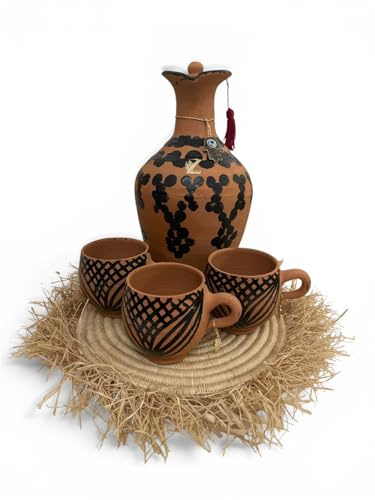 Zayti Jarre en Terre Cuite, pour Purifier Son Eau NATURELLEMENT - avec Deux Tasse ET Un Plateau en Bois - contenance 2l, 30cm