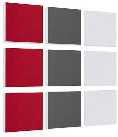 platino24 Akustikpaneele 9 Elemente Colore Quadrat 27,5 x 27,5 cm Bordeaux + Grau + Weiß I Schallabsorber aus Basotect G+ mit Akustikfilz I Schalldämmung Wand & Decke I Akustikelemente Wandpaneel