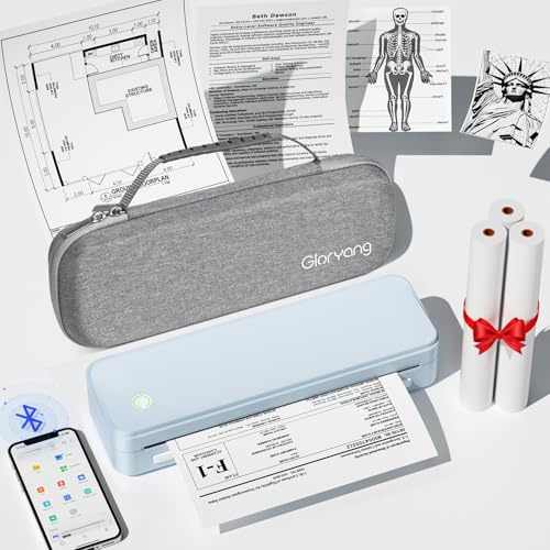 Gloryang Inkless Portable Printer for Travel, Wireless Thermal Printer Supports 8.5 x 11 US Letter Size, Bluetooth Machine Includes Carry Case and 3 Rolls of Thermal Paper Kit, Blue