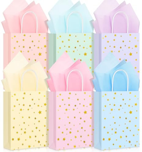 Pajean 24 Stück Stern-Geschenktüten mit Seidenpapier-Stern, Papier-Geschenktüten mit Griffen, bunte Partygeschenktüten, Kraft-Leckerei-Taschen für Geburtstag, Babyparty, Hochzeit, Partyzubehör