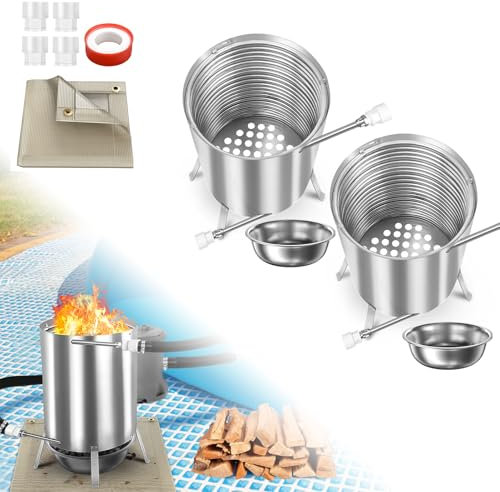 LARS360 Brennholz Poolheizung 32/38mm Anschlüsse, Pool Heizung mit Feuer, Edelstahl Feuertonne mit Heizspirale Pool Beheizt Eimer mit Matte & Restasche Auffangwanne für Schwimmbäder - 2 Stück