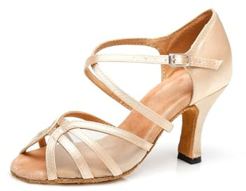MGM-Joymod dam komfort nät glitter peep toe salsa tango ballsal latin moderna dansskor bröllop fest sandaler, L359 beige satin 8 cm klack, 40.5 EU
