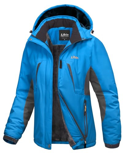 Libin Winterjacke Damen Warm Skijacke Snowboardjacke Softshelljacken Funktionsjacke Wasserdicht Winter Jacken Warme Gefüttert Outdoor Wintermantel Fleece Übergangsjacke Blau L