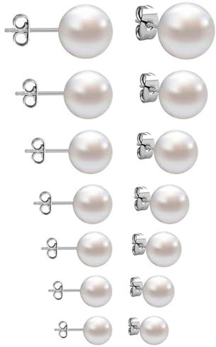 JEXOWIQ Perlenohrringe - 7 Paar perlen ohrringe,Silber Perlen Ohrstecker Set Hypoallergen Kleine Silber Ohrstecker Perlen-Ohrstecker für Damen Mädchen Herren 4/5/6/7/8/10/12MM