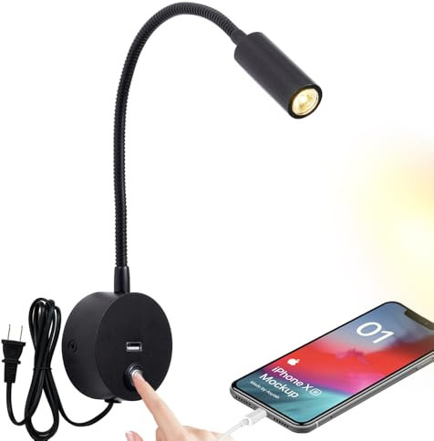 Dimmable Wall Mounted Reading Light with USB Charging Port, Plug-in LED Headboard Reading Light, Bedside Spot Wall Lamps with Flexible Gooseneck, Black Finished