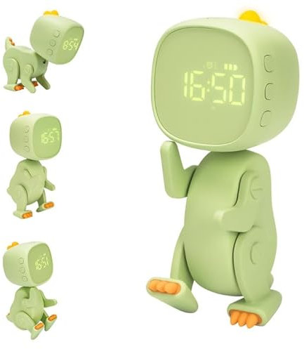 GeluEla Kinderwecker Dinosaurier, Wecker, 6 Weckmusik, 1200 mah Interne Batterie, mit Variabler Form, Einstellbare Lautstärke und Leicht Ablesbare Uhrzeit, Dual Alarms Modi 12/24 Stunden