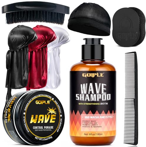 Pommade à Wave pour Hommes - Crème Lavante à Vague Facile à Laver Shampooing Hydratant, avec Brosse Waves, Durag Satin et Ensemble de Casquette Vague, Les Secrets des Vagues Parfaites