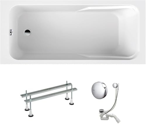 VBChome Badkar 150 x 70 cm vit akryl badfötter sifonbadkar rektangulär design modern avloppssats i krom