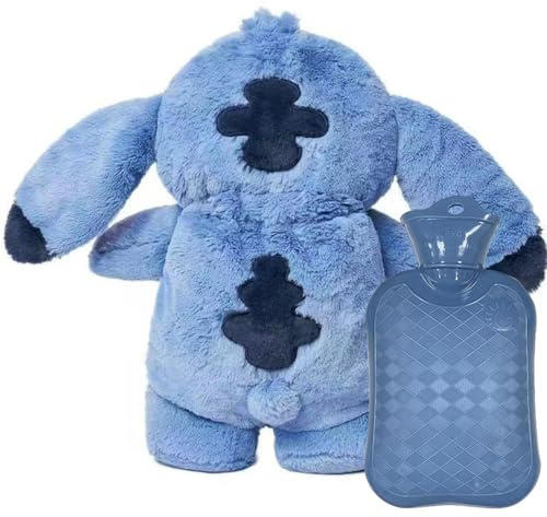 Dhqkqg Fluffy Wärmflasche, Cartoon Heißwasserflasche Für Kinder, Kuschelige Anime Wärmflasche Kuscheltier, Abnehmbare Und Waschbare Plüsch (Blau)