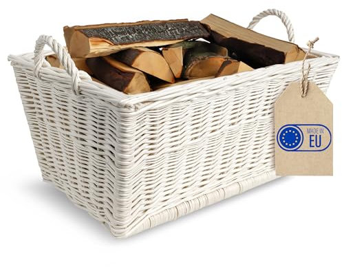 Creative Home Kaminholzkorb Weide Holzkorb für Kaminholz | Weiß | 47 x 33 x 30 cm | Brennholzkorb Feuerholzkorb mit Innenfutter aus Jute | Korb Weidenkorb | Holztrage Holz Tragekorb