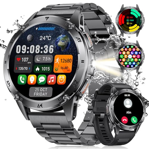 LIGE Militär Smartwatch Herren mit LED-Licht,1,43 HD AMOLED Smartwatch mit Telefonfunktion,Fitnessuhr,Schwarze Uhr mit 130+ Sportmodi,Herz-/Schlaftracking,IP68 wasserdicht sportuhr für iOS/Android