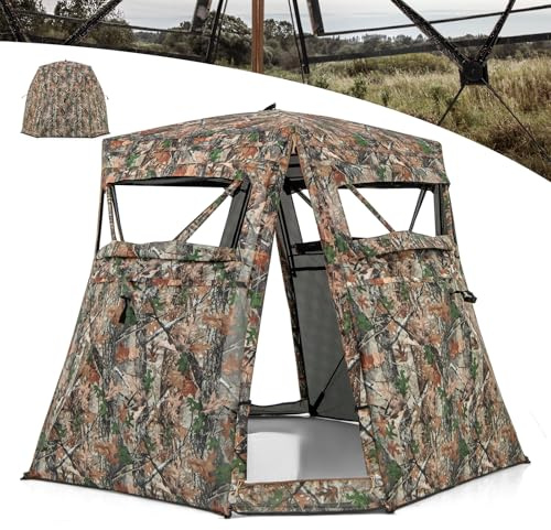 GYMAX Jagdzelt, Jagdversteck für 2–3 Personen, 360° durchsichtiges Bodenversteck, Hirschversteck mit Tragetasche & 4 Fenstern, aufklappbares Tarnzelt für die Hirsch- und Wildschweinjagd