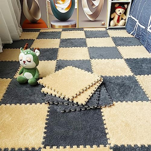 LXXW puzzlematte plüsch 32 ineinandergreifende Teppichfliesen, Plüschschaum-Bodenmattenfliesen, Schaumstoff-Puzzlematte for Wohnzimmer/Schlafzimmer/Spielzimmer ineinandergreifende plüsch-schaumstoffma