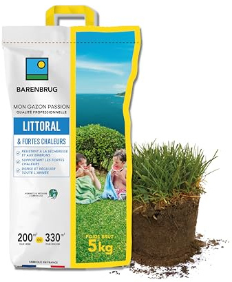 Barenbrug - Gazon Littoral & Fortes chaleurs - Résistant Sécheresse et Embruns - Supportant Fortes Chaleurs - Dense et Régulier Toute l’Année - Permet de Réduire l'Arrosage - Fabriqué en France - 5KG