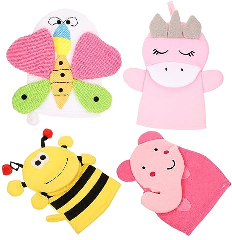 Vaguelly Cartoon Badehandschuhe für Sanfte Körperreinigung 4 Stück-pack mit Einzigartigem Design aus Baumwollmischung Weiche Peelinghandschuhe Zufälliger Stil in Bad und Dusche