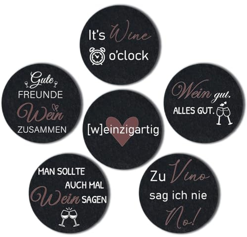 WangsLICHT Filz-Untersetzer mit Sprüchen | 6er Set Dekorative Weinunterlagen | Lustige Untersetzer für Gläser | Ideal für Weinliebhaber und Partys | handgemacht aus Deutschland