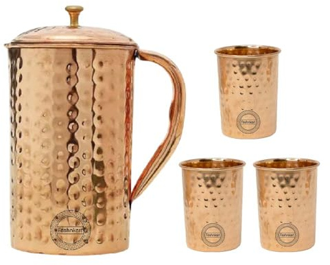 Lot de 3 pichets et gobelets en cuivre pur martelé (1,5 L) - Profitez des bienfaits pour la santé avec ce pichet en cuivre de qualité supérieure