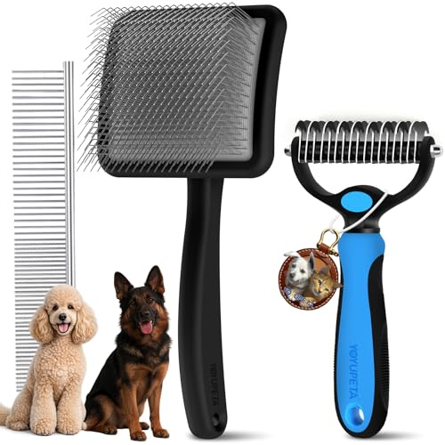 YOYUPETA Long Pin Poodle Slicker Brush Set for Goldendoodle & Cockapoo. 25mm Pins Dog Grooming Kit with Undercoat Rake & Comb. Solid Wood Dematting Tool for Removing Mats, Tangles, Deshedding. Pink