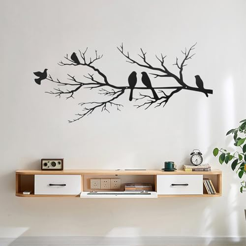 FamiGod Metall Vogel Wanddekoration, Elegante Outdoor Wandskulptur Mit Vögeln Auf Ast, Größe 31.7 X 13 Zoll, Ideal Für Garten, Balkon Und Wohnzimmer, Schwarz