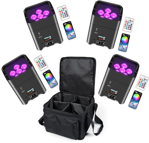 Glowingstage LED Par Akku, 4 Stück 108W 6 in 1 RGBWA+UV Bühnenlicht mit 9600mAh, Lichtpaket, APP Kontrolle, LED Strahler Akku mit DMX und Fernbedienung für Party, Bar, Halloween, Weihnachten | Lichtpaket, APP Kontrolle, LED Strahler Akku mit DMX und Fernbedienung für Party, Bar, Halloween, Weihnachten