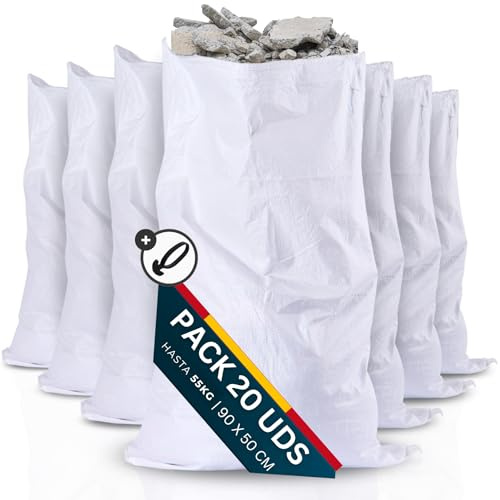 PACK 20 Sacos Para Escombros + Goma [50x90cm] Resistentes 55kg, Saco Yute, Saco Rafia, Saco Jardin, Saco Para Escombros de Obra, Bolsas para obras y Transporte de Materiales