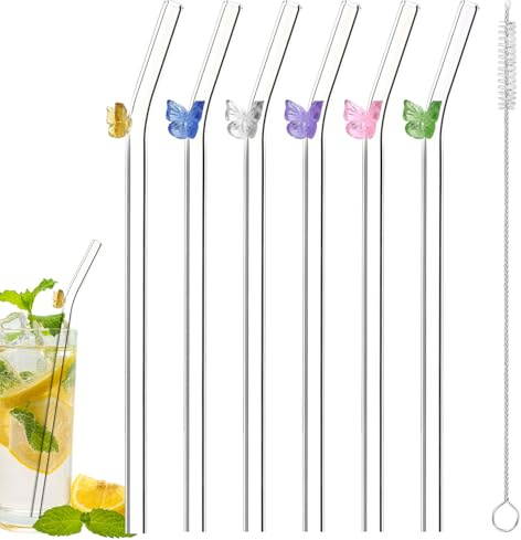 lasuroa 6pcs Reusable Glass Straws with Butterfly Charms, Shatter Resistant Drinking Straws with Cleaning Brush Cute Colorful Drinkware for Smoothies Juice Cocktails Teas Party Drinks (Clear)