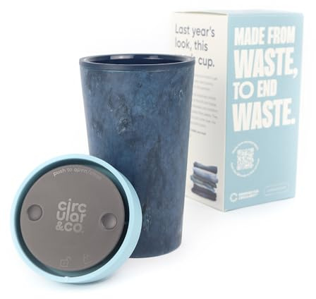 Circular&Co 12oz / 340ml Reusable Coffee Cup – Made from Recycled Fabric Waste – Leakproof, Lockable Travel Mug, BPA Free – Stonewash Blue – Made in the UK