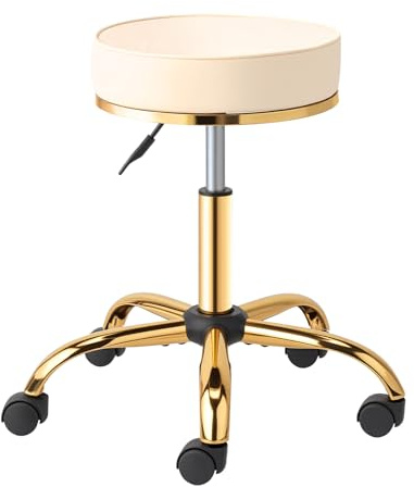 Bonnlo Round Rolling Stool with Wheels - Height Adjustable Swivel Stool - for Salon Massage Home Kitchen Clinic, Weight Capacity 400lbs, Beige, Golden