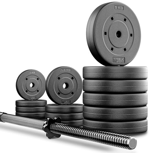 TREX SPORT Hantelscheiben Set 46kg | Hantelset mit Langhantelstange 150cm | Kunststoff Langhantel, Sternverschlüsse, langlebig, Home Gym Krafttraining