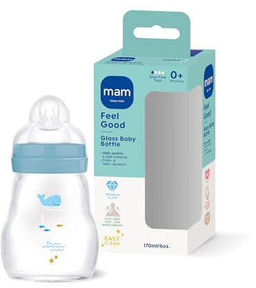 MAM Feel Good Glasflasche 170 ml, 94% Akzeptanz, Sauger Gr. 1, Wal | Babyflasche aus Premiumglas, hitzebeständig & geschmacksneutral, SkinSoft Sauger fast wie beim Stillen, weite Öffnung